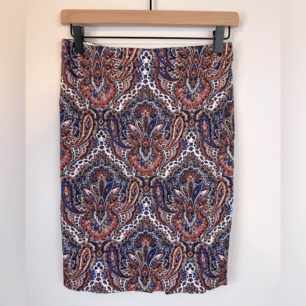 J. CREW Orange, Blue, White & Black Paisley Pencil Skirt | Size 0 - Picture 1 of 9